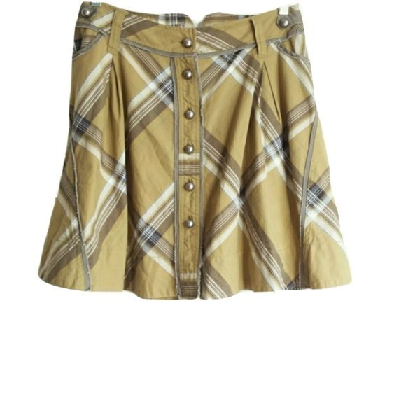 Anthropologie Fei Skirt Twirl Plaid Vintage Twee Preppy Olive Green 8 - Picture 1 of 7